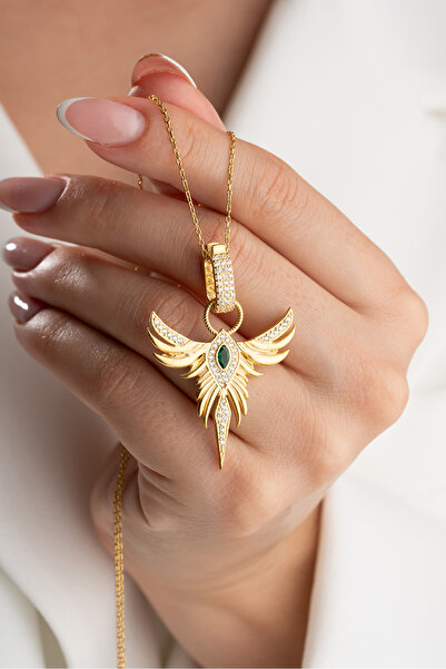Silvano Jewelry 925 Ayar Gümüş Gold Zirkon Zümrüdüanka Kolye
