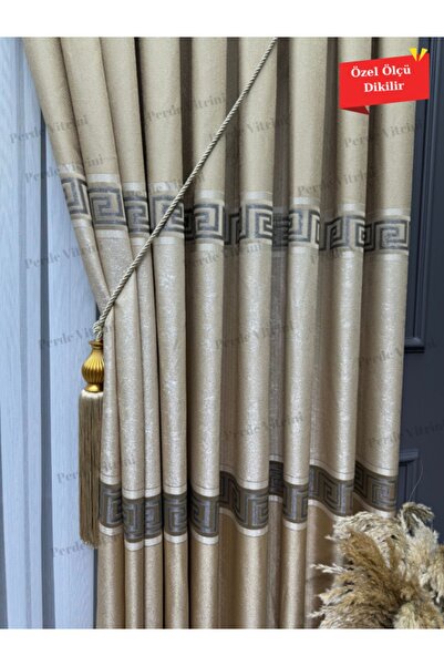 Emes Lüks,Pano Fon Perde,Amasra Desen Siyah Şeritli - Gold 1*3 Sık Pileli