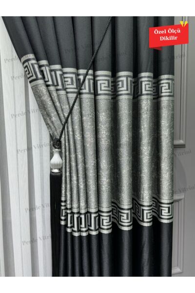 Emes Lüks,Pano Fon Perde,Amasra Desen Gümüş Şeritli - Gümüş Siyah 1*3 Sık Pileli