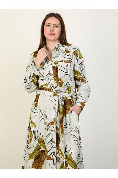 ALİA Leaf Patterned Linen Plus Size Shirt Dress - Oil Green - Alia