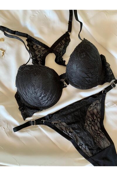 ROZENİN LINGERIE Δώρο Πρωτοχρονιάς Μαύρη πεταλούδα Push-up Underwire δαντελωτό σέξι καθημερινό σουτιέν στρινγκ κοστούμι