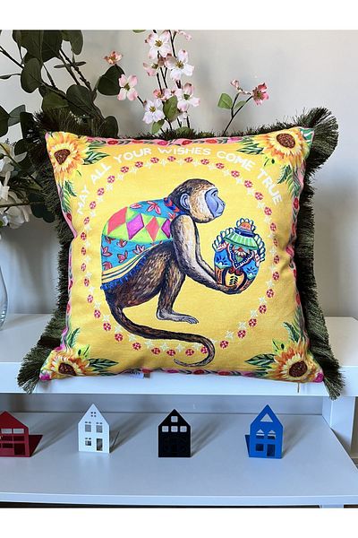 DECO Monkey Pattern Digital Printed Velvet Throw Pillow - Fringed Cover