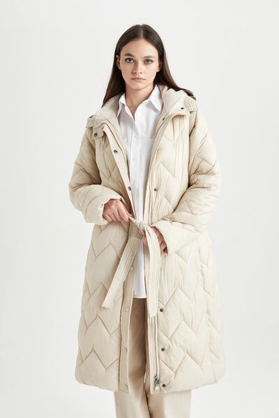 DeFacto Nepromokavé prošívané dlouhé úzké kabáty Relax Fit s kapucí Parka A1939ax23au