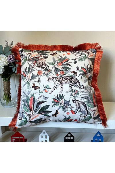 DECO Leopard Patterned Pastel Forest Design - Digital Printed Velvet Throw Pillow Cover Fringed