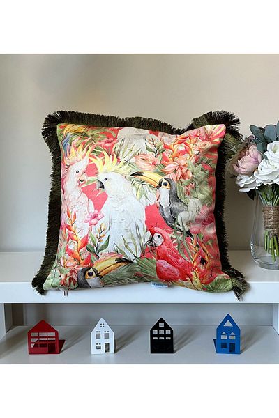 DECO Pastel Colored Parrot Patterned Digital Printed Velvet Throw Pillow - Fringed