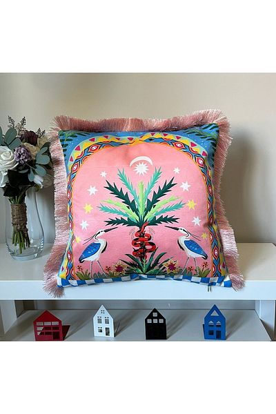 DECO Wurfkissen Aus Rosa-Blauem Samt – Vogel- Und Baummuster, Digital Bedruckt, Mit Fransen