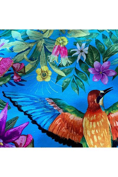 DECO Blue Velvet Throw Pillow - Watercolor Flower and Bird Pattern, Digital Printed Fringed Cover