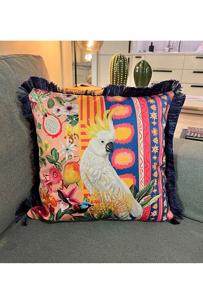 DECO Geometric Floor Pattern - Flowers and Parrot Printed Velvet Throw Pillow Cover Fringed