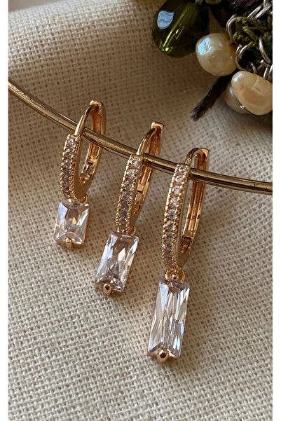 SU PERİSİ TAKI BİJUTERİ Vip Seri Gold Zirkon Taşlı 3 lü Set Küpe