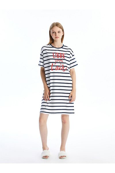 LC Waikiki Lcw Dream Optic - White Printed Nightgown for Women, Crew Neck, Striped Short Sleeve