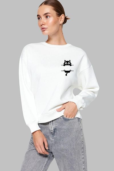 Nyda Collections Hanorac supradimensionat unisex din bumbac cu imprimeu pentru pisici - mânecă lungă, gât crew, fără glugă