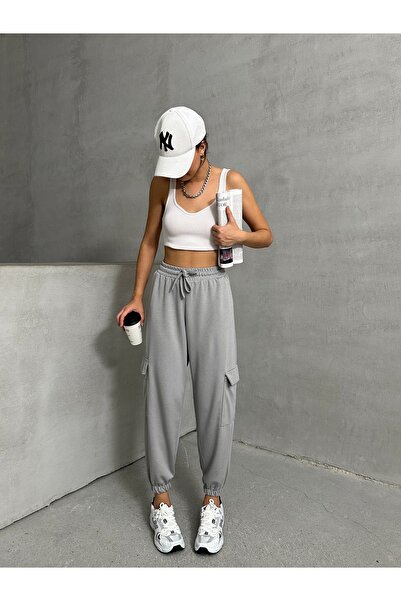 BEJNA Γκρι Modal Textured Soft Touch γυναικείο παντελόνι με πλαϊνές τσέπες