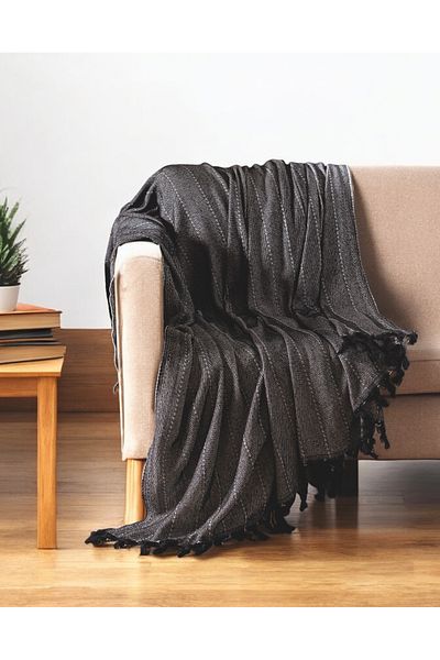 Lux Touch Husa de canapea cu smocuri din bumbac negru Lina - 170 x 210 cm Canapea extensibila Divan
