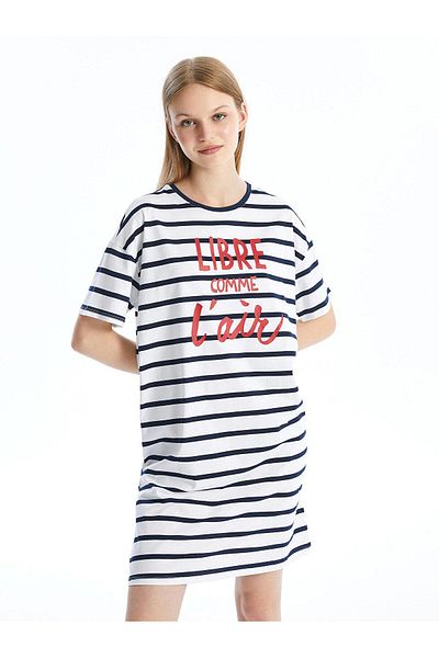 LC Waikiki Lcw Dream Optic - White Printed Nightgown for Women, Crew Neck, Striped Short Sleeve