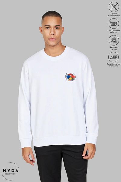 Nyda Collections Hanorac oversize unisex fără glugă cu imprimeu boxing - mânecă lungă, decolteu, bumbac