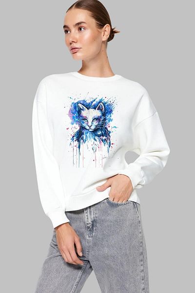 Nyda Collections Hanorac oversize din bumbac unisex cu imprimeu de pisici - mânecă lungă, decolteu, fără glugă
