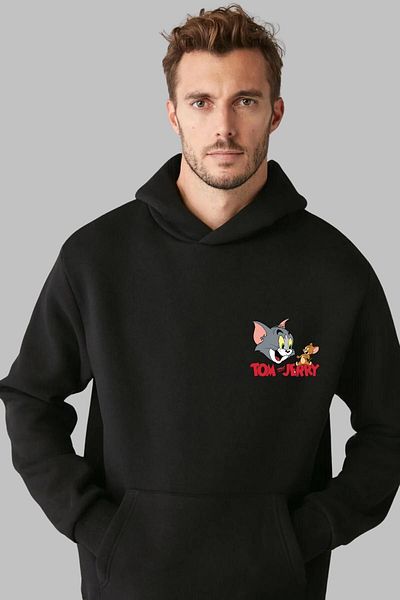 Nyda Collections Hanorac oversize unisex cu glugă - imprimat Tom și Jerry, mânecă lungă, bumbac