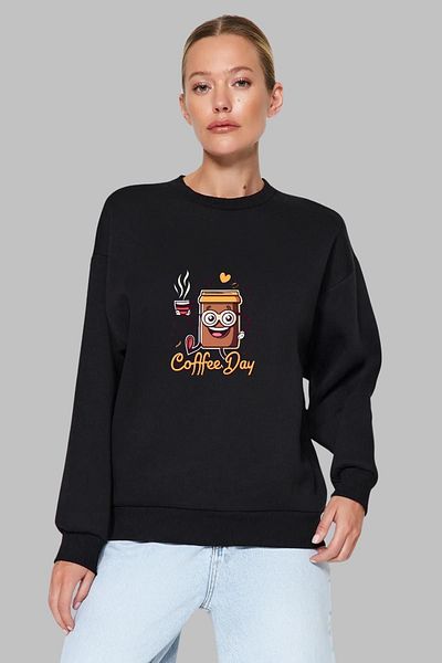 Nyda Collections Coffee Printed Unisex Oversize βαμβακερό φούτερ - μακρυμάνικο, λαιμόκοψη, χωρίς κουκούλα