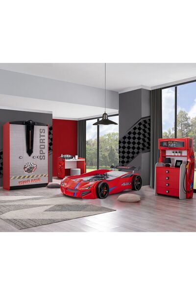 Setay Çocuk Odası - Merso Arabalı Yatak - Sport 3 Kapılı Dolap, Masa, Şifonyer - Kırmızı