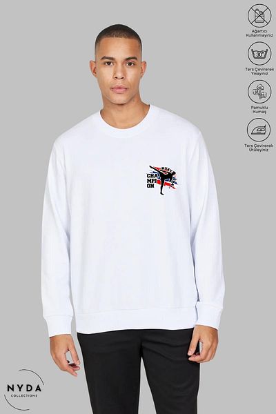 Nyda Collections Hanorac oversize unisex cu imprimeu Muay Thai - mânecă lungă, decolteu, fără glugă, înălțat, bumbac