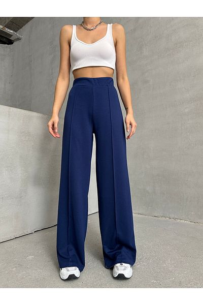 BEJNA Marineblaue, gerippte, modale, strukturierte, lange Damenhose mit weitem Bein