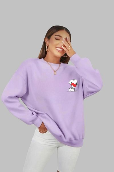 Nyda Collections Hanorac din bumbac, unisex, supradimensionat, cu imprimeu Snoopy, fără glugă - mânecă lungă, decolteu