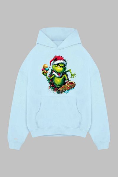 Nyda Collections Hanorac oversize cu glugă cu imprimeu Grinch unisex - mânecă lungă și buzunare de Anul Nou