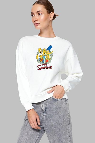 Nyda Collections Hanorac oversize din bumbac unisex cu imprimeu Simpsons - mânecă lungă, decolteu, fără glugă
