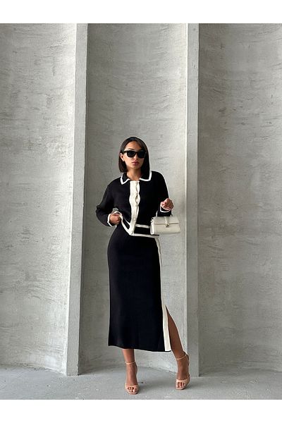 BEJNA Schwarzes Strickset für Damen - Perlmuttknopf und Rock