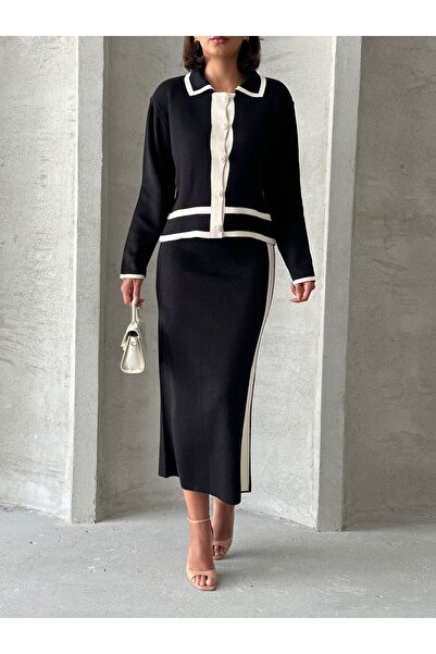 BEJNA Fekete kötöttáru női szett - Pearl gomb és szoknya