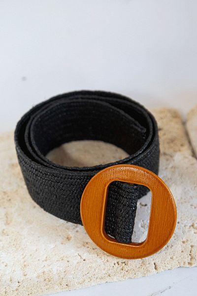 Sun Pieces Black Jute Elastic Belt, Straw Belt with Wooden Buckle, Summer Belt