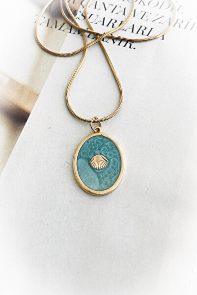 roshel Çelik Altın Renk Ince Zincir Mavi Mineli Çelik Kolye 45 Cm