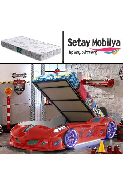 Setay Arabalı Yatak, Jaguar Bazalı Koltuklu Full Ledli Arabalı Yatak - Kırmızı 1 Adet Comfort Yatak