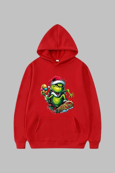 Nyda Collections Унисекс суичър с качулка и щампа Grinch Printed - дълъг ръкав, Нова година с джобове