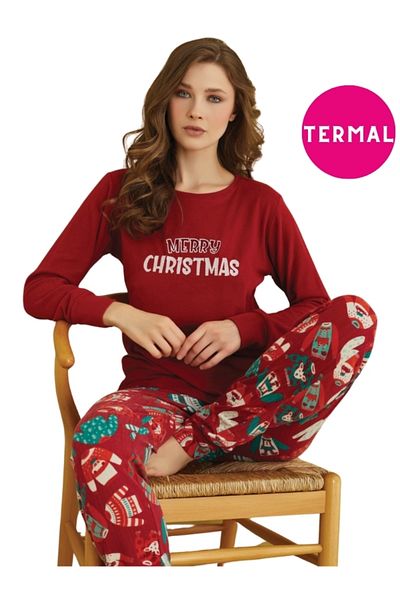 bie's New Year's Burgundy Crew Neck Jogger Thermal Pocket Winter Pajama Set