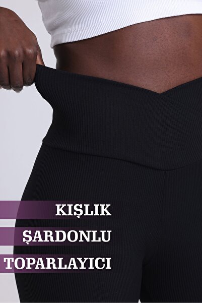 VOSSAX Kadın Fitilli Şardonlu, Içi Polarlı Yüksek Bel Toparlayıcı Siyah Çapra...