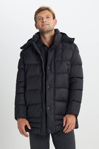 AC&Co / Altınyıldız Classics Men's Black Hooded Standard Fit Coat - Stand Collar and Side Pocket