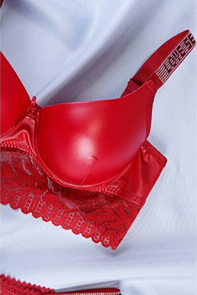AYMİSH Aymish Red Stone Padded Bra Set - Leather Detailed
