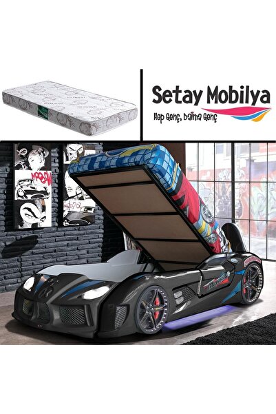 Setay Arabalı Yatak, Audi Bazalı Koltuklu Full Ledli Arabalı Yatak - Siyah 1 Adet Comfort Yatak