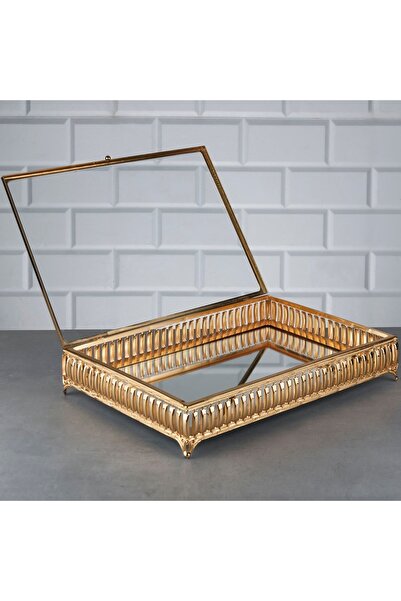 Zeyve Home Hürrem Rectangular Large Chest with Glass Cover Mirrored Chocolate and Jewelry Box Gold 35x24x7cm