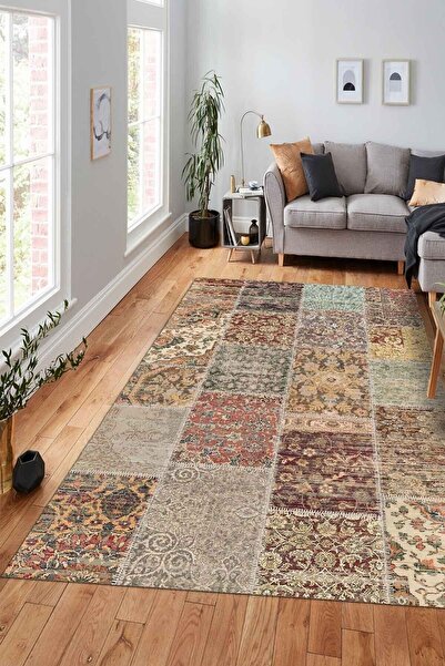 AIDA HOME Nadine Patchwork Desenli Pamuk Tabanlı Yıkanabilen Kaydırmaz Antibakteriyel Şönil Salon Halısı