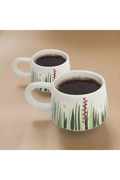 İlbay Çini Takı Beyaz Papatya Kupa Bardak Mug 2 Li Nescafe Fincanı