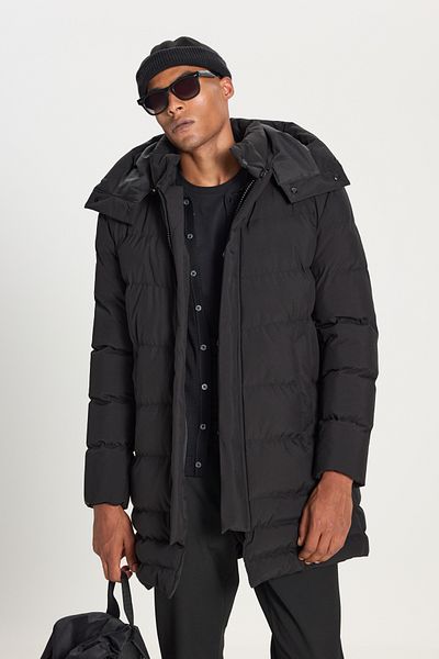 AC&Co / Altınyıldız Classics Μαύρο ανδρικό παλτό - Standard Fit, Stand Collar, Πλαϊνές τσέπες, Κουκούλα
