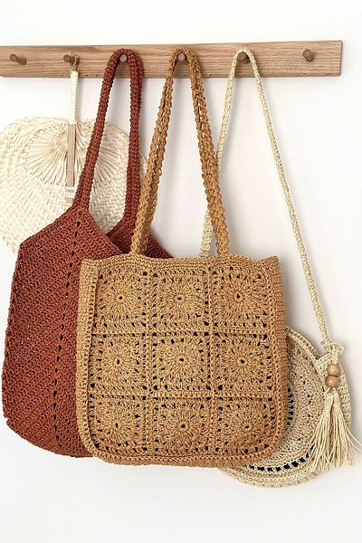 BECCASTYLE Straw Textured Tote Bag - Shoulder Bag, Motif Knitted, Summer Bag MUSTARD