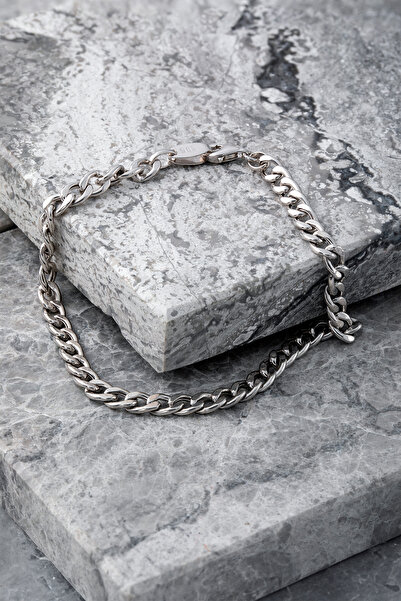 Cenova Jewelry 14 Ayar Beyaz Altın Küba Zincir Erkek Bileklik (4.80 mm)