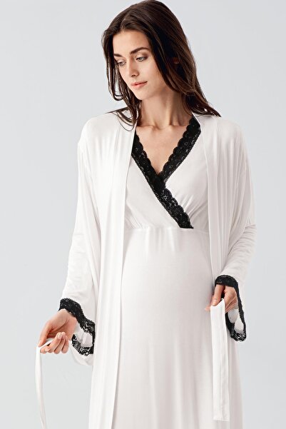 Artış Lycra Long Sleeve Viscous Nightgown and Dressing Gown Set for Pregnant Women