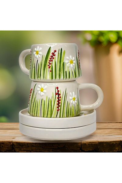 İlbay Çini Takı White Daisy Mug with Plate Set of 2