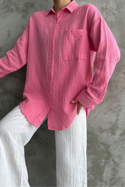 macharel jeans قميص قطني نسائي كبير الحجم باللون الوردي