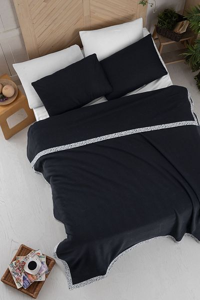 Evim 100% Cotton Bordered Navy Blue Cover Set Double - 200X220 cm