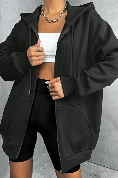 Millionaire Women's Hooded Anthracite Zippered 3 Three Thread Fleece Kangaroo Oversize Sweatshirt Zip Up Hoodie